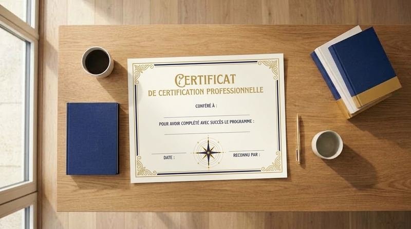 Un certificat posé sur un bureau en bois