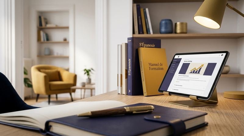 Un manuel de formation et une tablette d’apprentissage sur un bureau