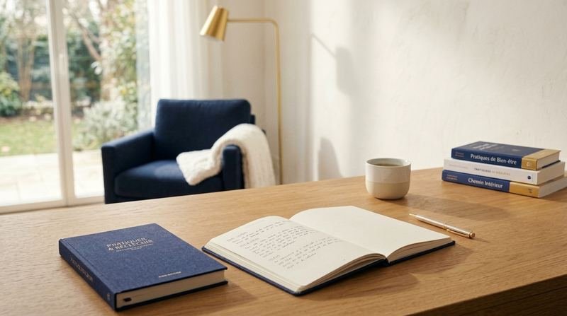 Un carnet de notes ouvert devant un fauteuil de lecture