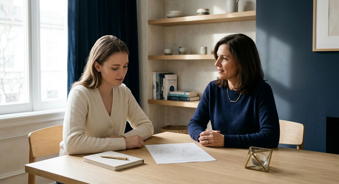 Lisa en consultation, un thème astral posé sur la table entre elle et la personne qu’elle accompagne