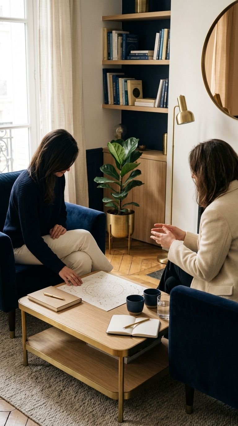 Lisa et une personne accompagnée, penchées sur un thème astral posé sur la table